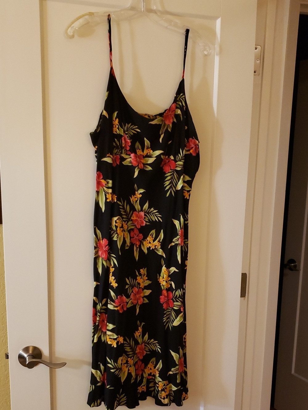 Black Floral Slip Dress with Red & Yellow Hibiscus Print